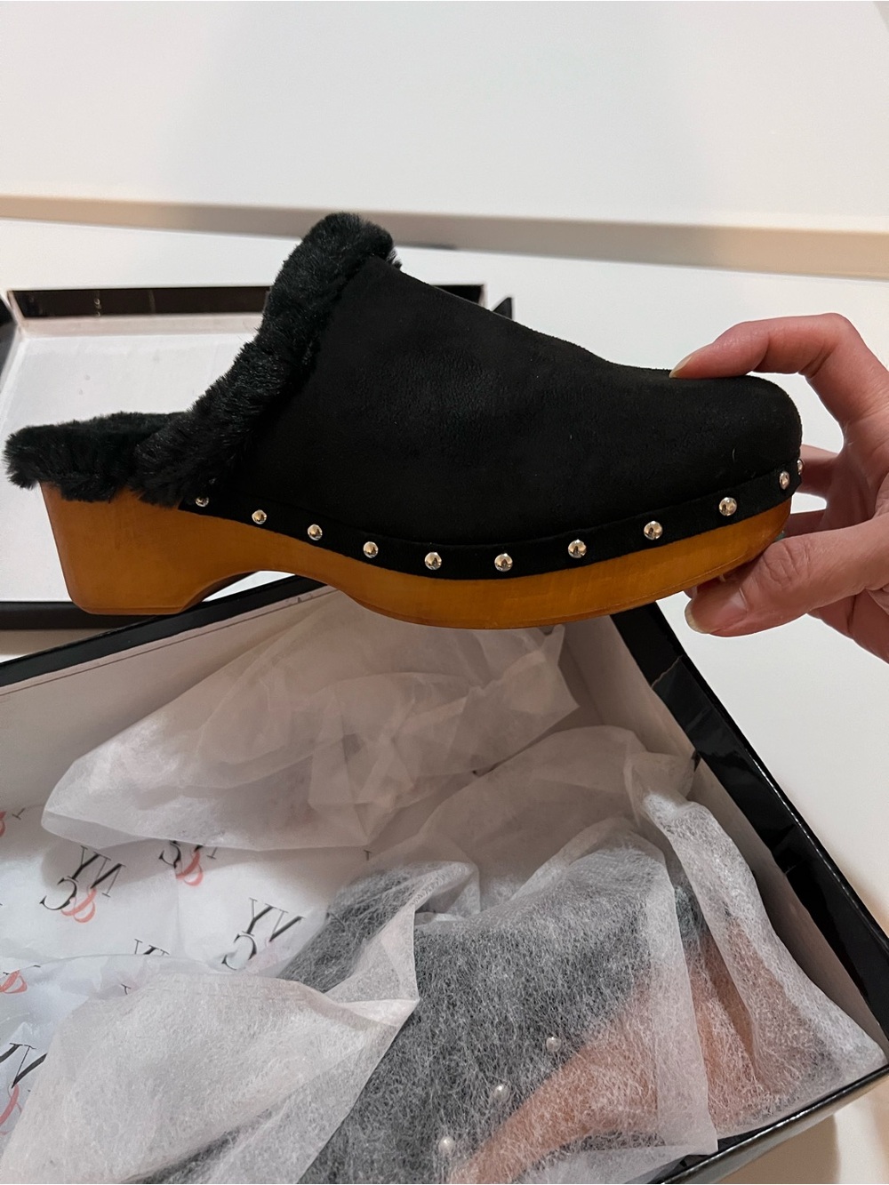 New York & Company Black Faux Suede Shearling Clog Mules with Studded Trim